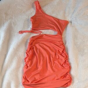 SHEIN Coral One-Shoulder Cutout Ruched Mini Dress